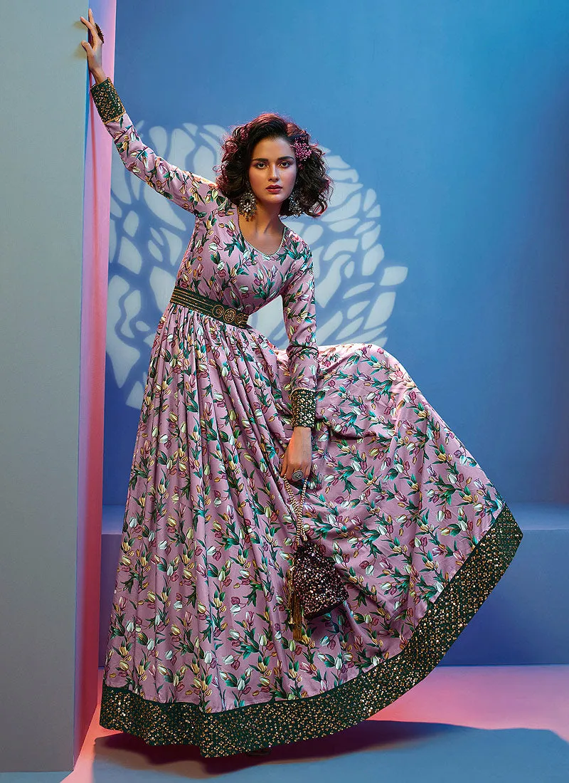 Lavender Floral Print And Sequence Embroidered Crape Gown