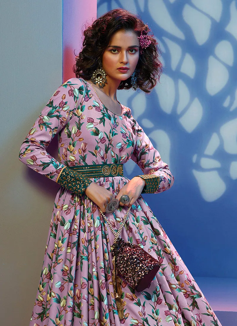 Lavender Floral Print And Sequence Embroidered Crape Gown