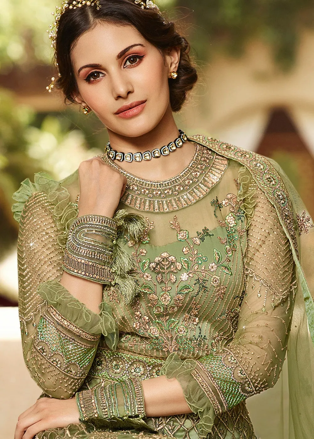 Light Green Embroidered Anarkali Suit
