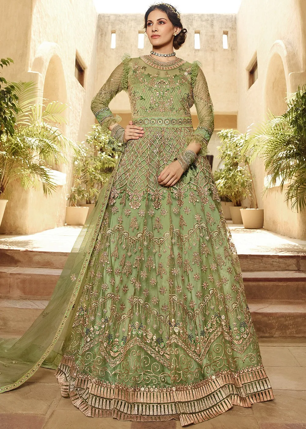 Light Green Embroidered Anarkali Suit