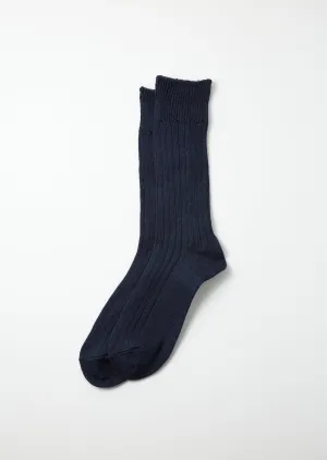 Linen Cotton Ribbed Crew Socks - Navy