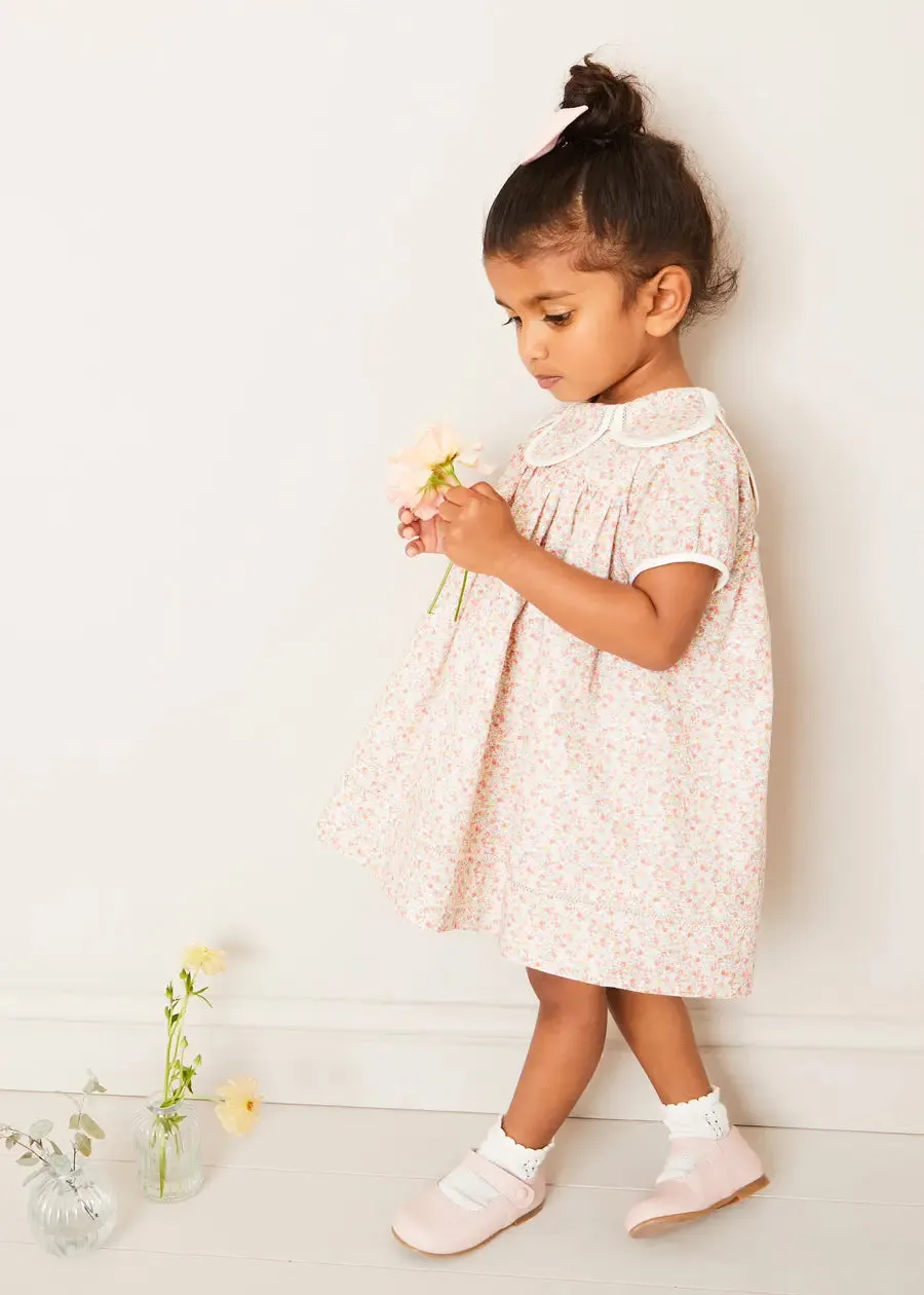 Mabel Floral Statement Collar Short Sleeve Dress in Coral (12mths-10yrs)