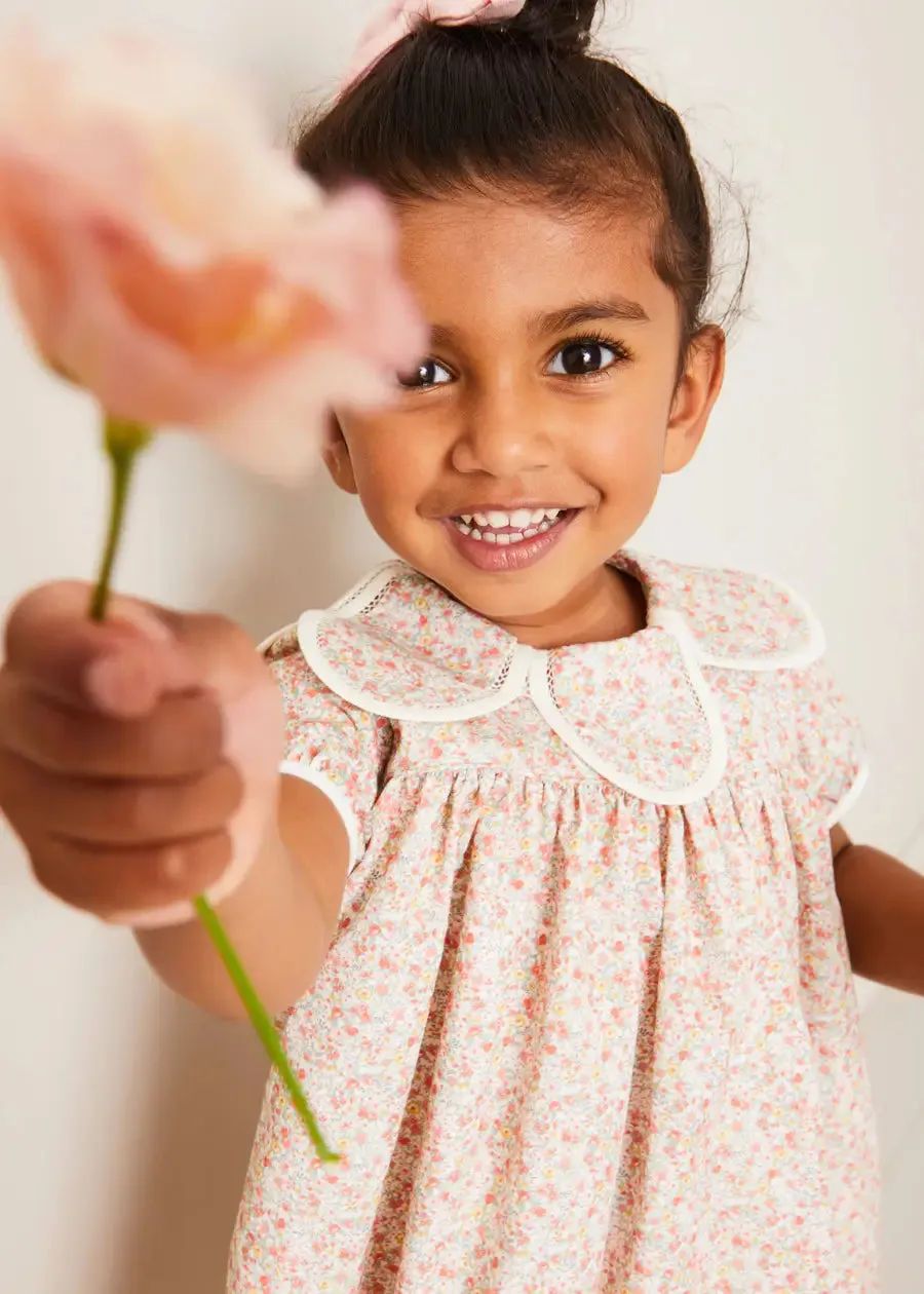 Mabel Floral Statement Collar Short Sleeve Dress in Coral (12mths-10yrs)