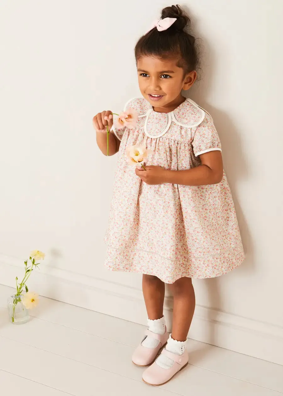 Mabel Floral Statement Collar Short Sleeve Dress in Coral (12mths-10yrs)