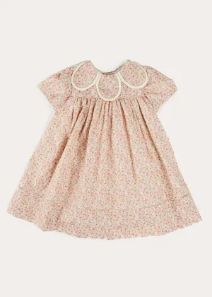 Mabel Floral Statement Collar Short Sleeve Dress in Coral (12mths-10yrs)
