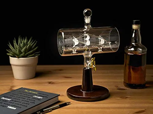 'Magellan' Decanter 40 Oz with Ship inside, Wooden Stand, Bar Funnel, 2 Glasses