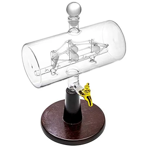 'Magellan' Decanter 40 Oz with Ship inside, Wooden Stand, Bar Funnel, 2 Glasses