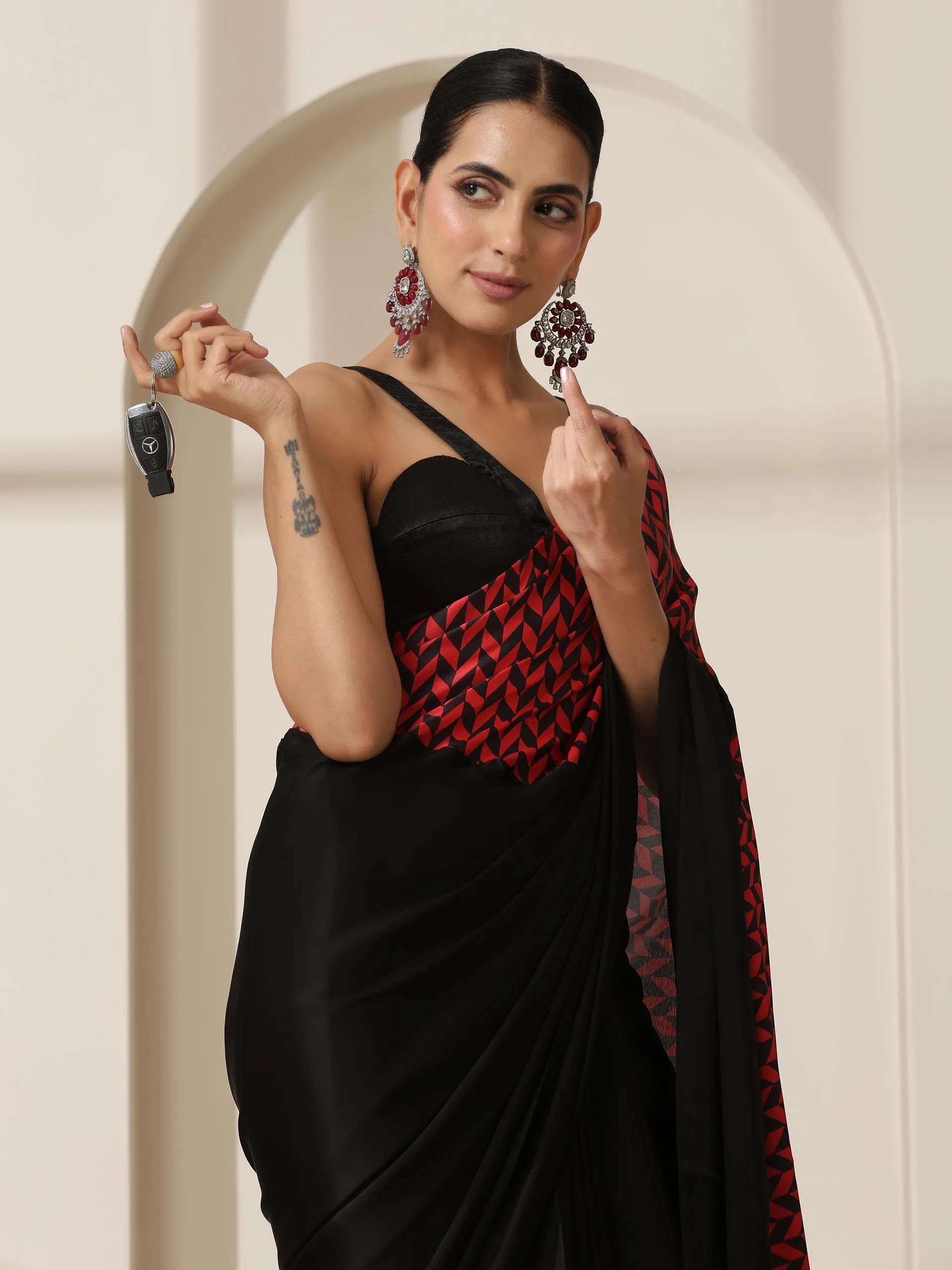 Marlboro Satin Saree with Black Blouse Fabric