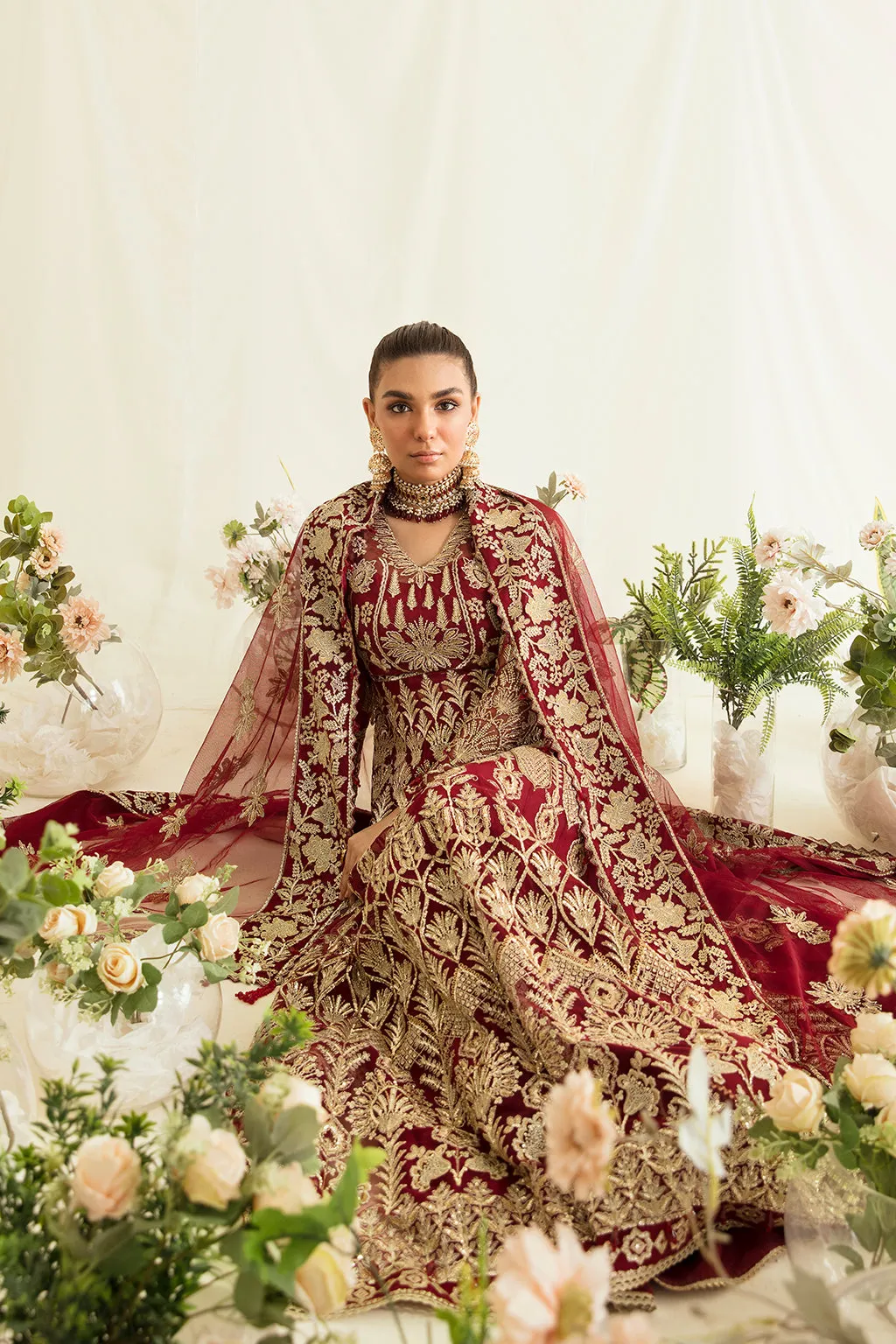 Maroon Heavily Embellished Pakistani Wedding Dress in Pishwas Style