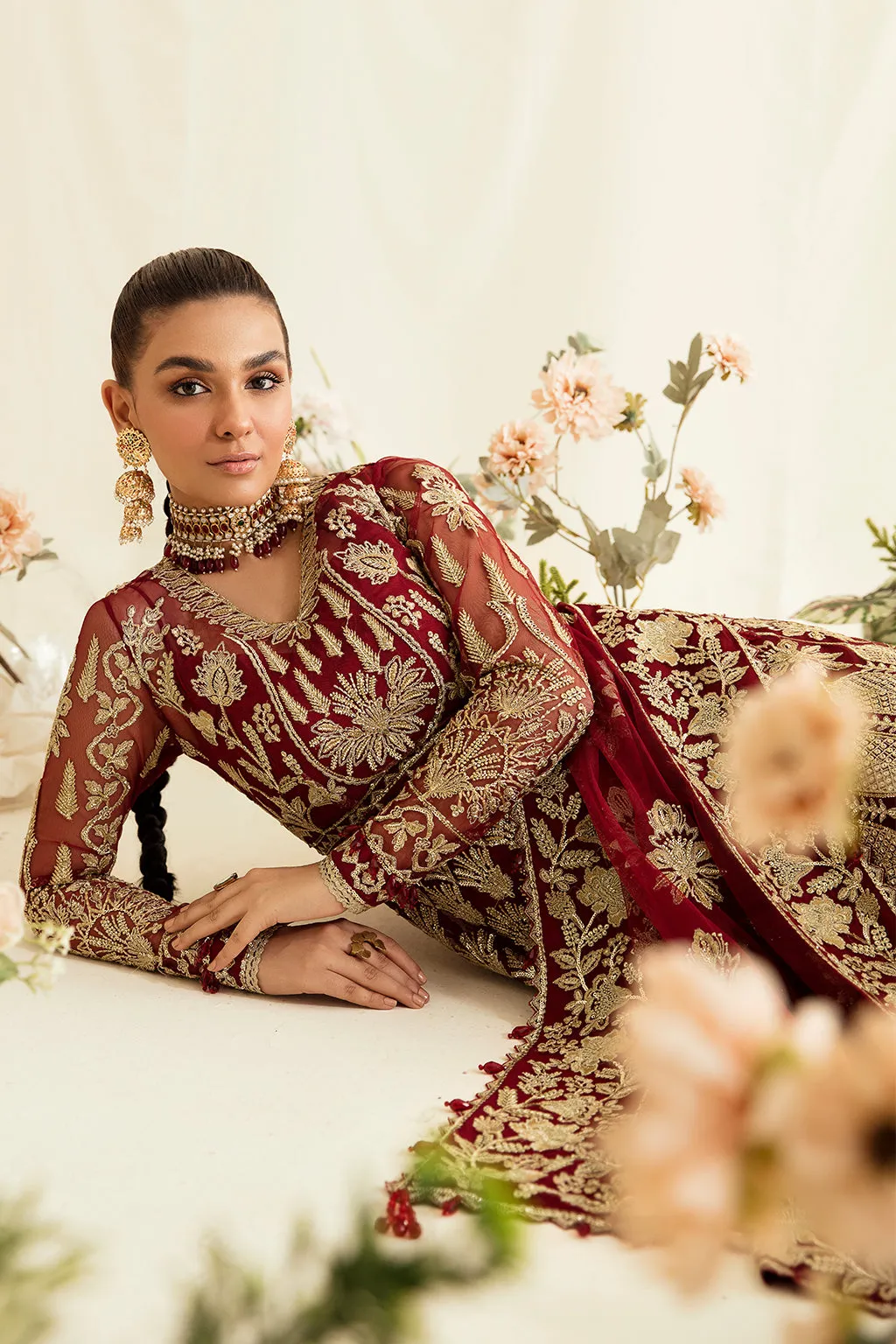 Maroon Heavily Embellished Pakistani Wedding Dress in Pishwas Style