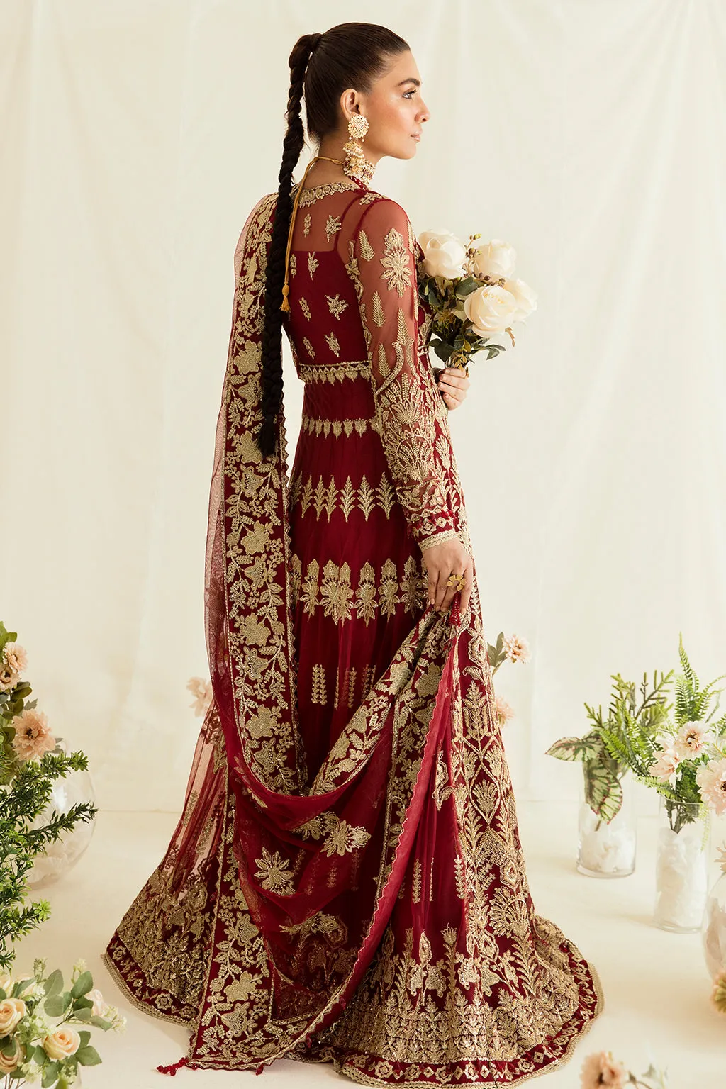 Maroon Heavily Embellished Pakistani Wedding Dress in Pishwas Style