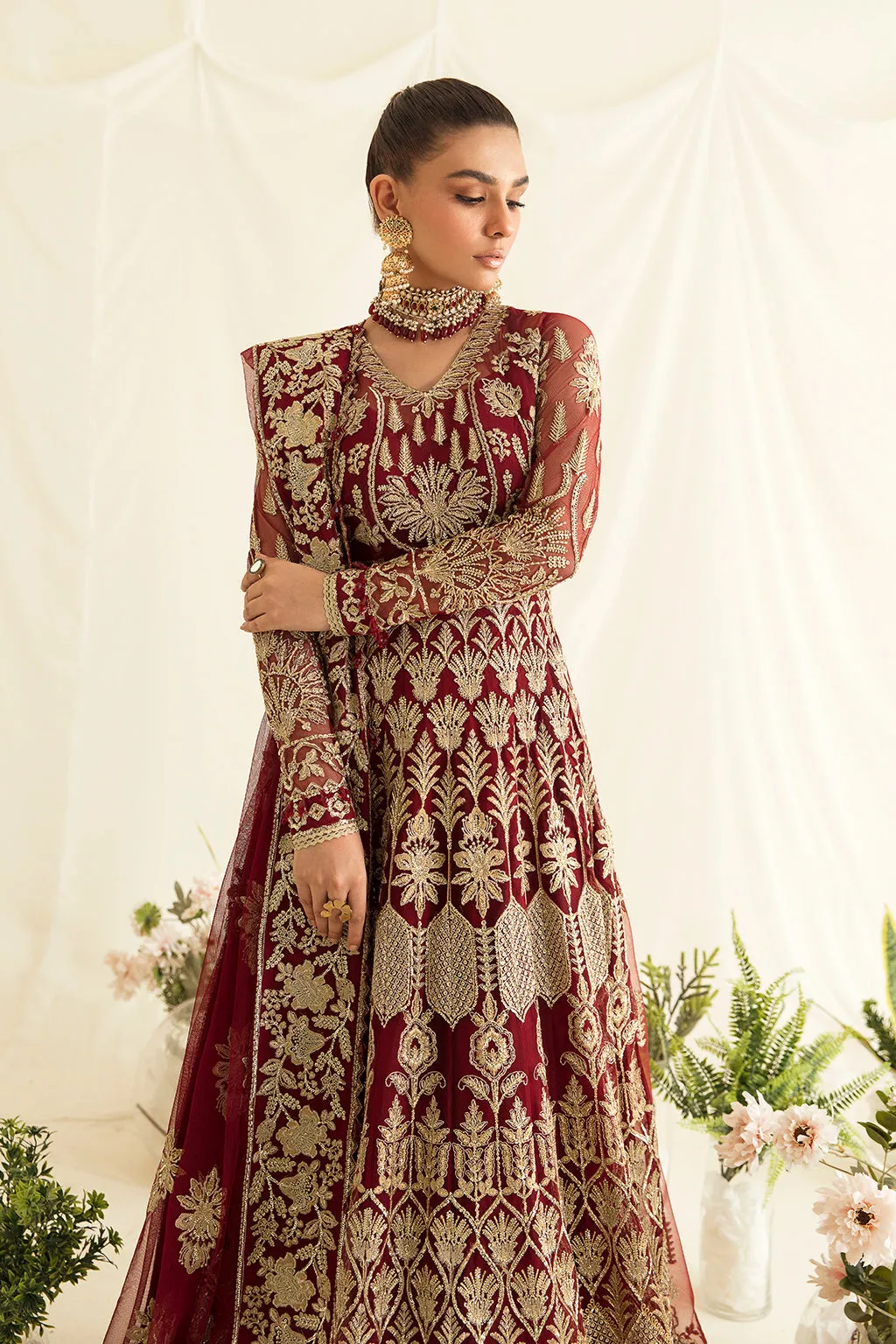 Maroon Heavily Embellished Pakistani Wedding Dress in Pishwas Style