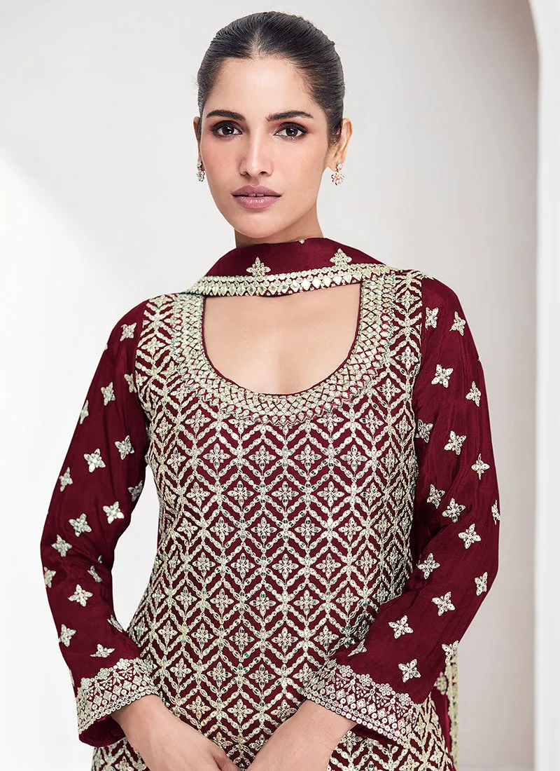 Maroon Reshamkari Embroidery Palazzo Suit