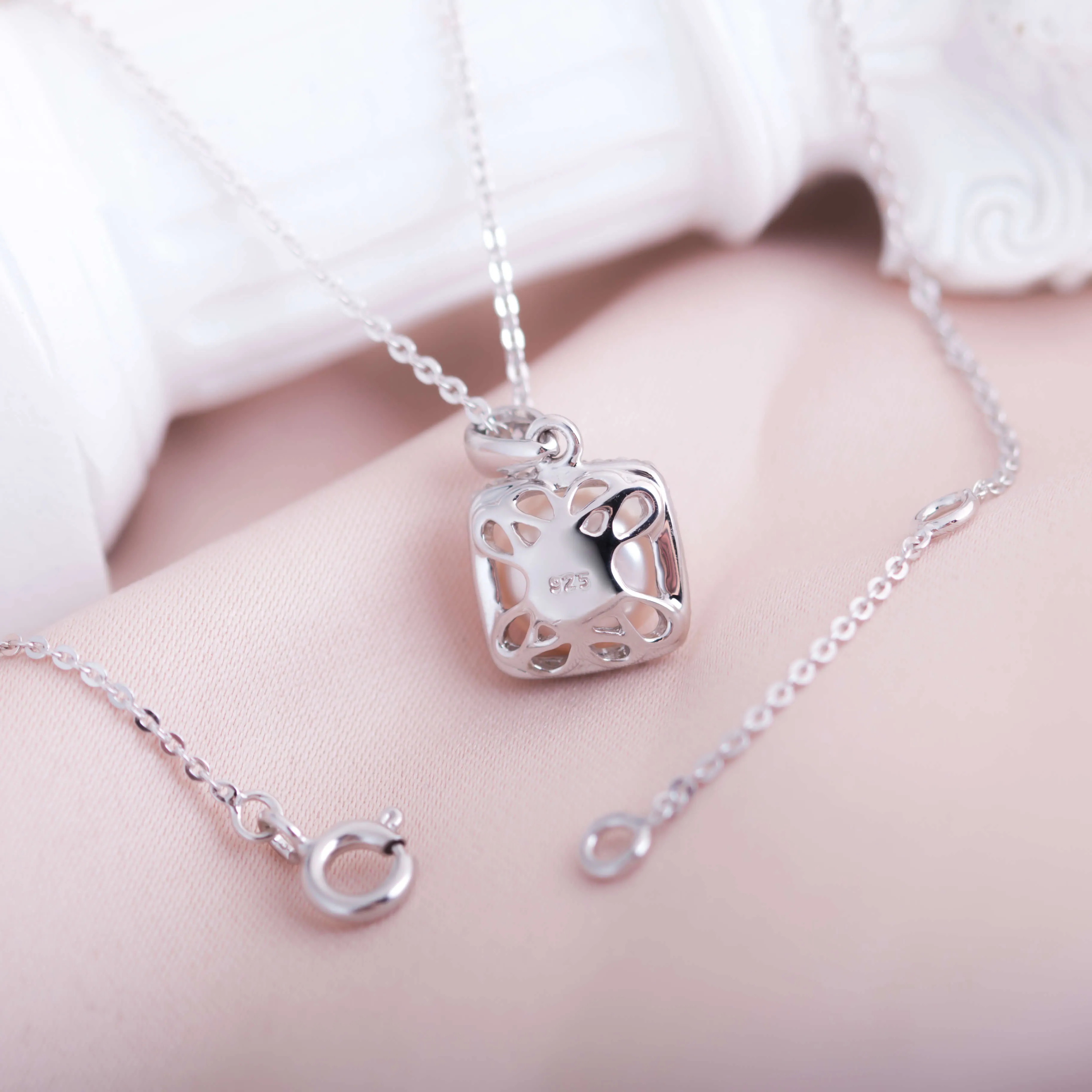 Molah Silver Freshwater Pearl and Cubic Zirconia Square Geometric Pendant Necklace