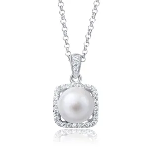 Molah Silver Freshwater Pearl and Cubic Zirconia Square Geometric Pendant Necklace