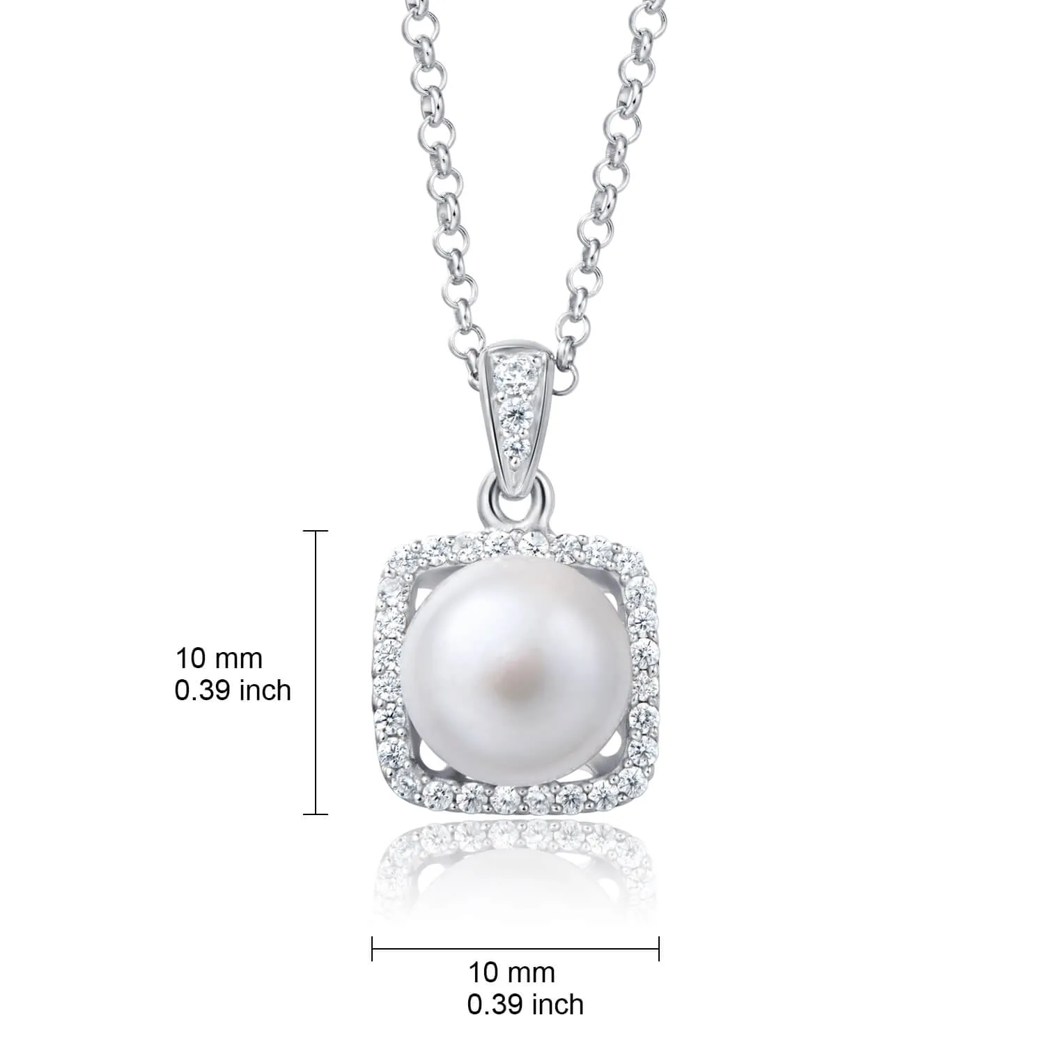Molah Silver Freshwater Pearl and Cubic Zirconia Square Geometric Pendant Necklace