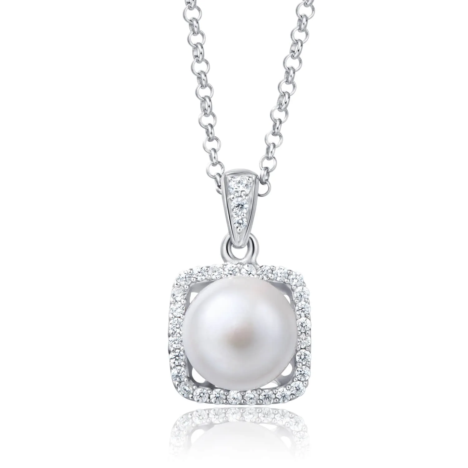 Molah Silver Freshwater Pearl and Cubic Zirconia Square Geometric Pendant Necklace