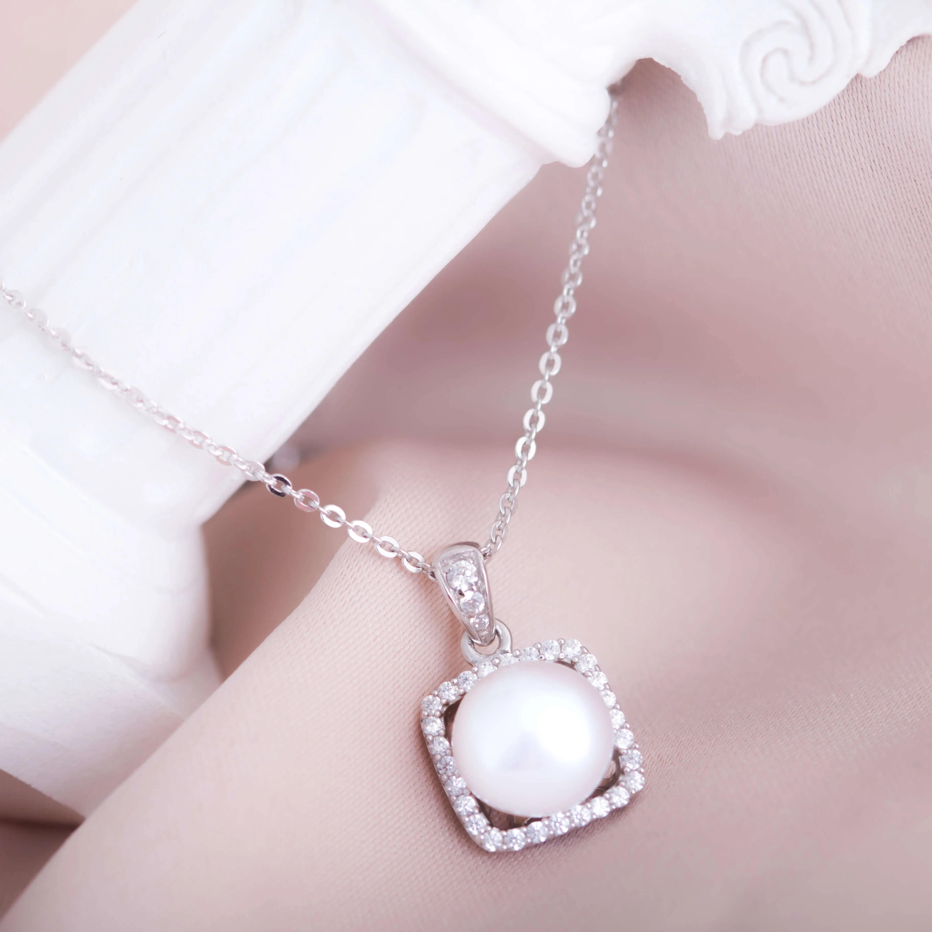 Molah Silver Freshwater Pearl and Cubic Zirconia Square Geometric Pendant Necklace