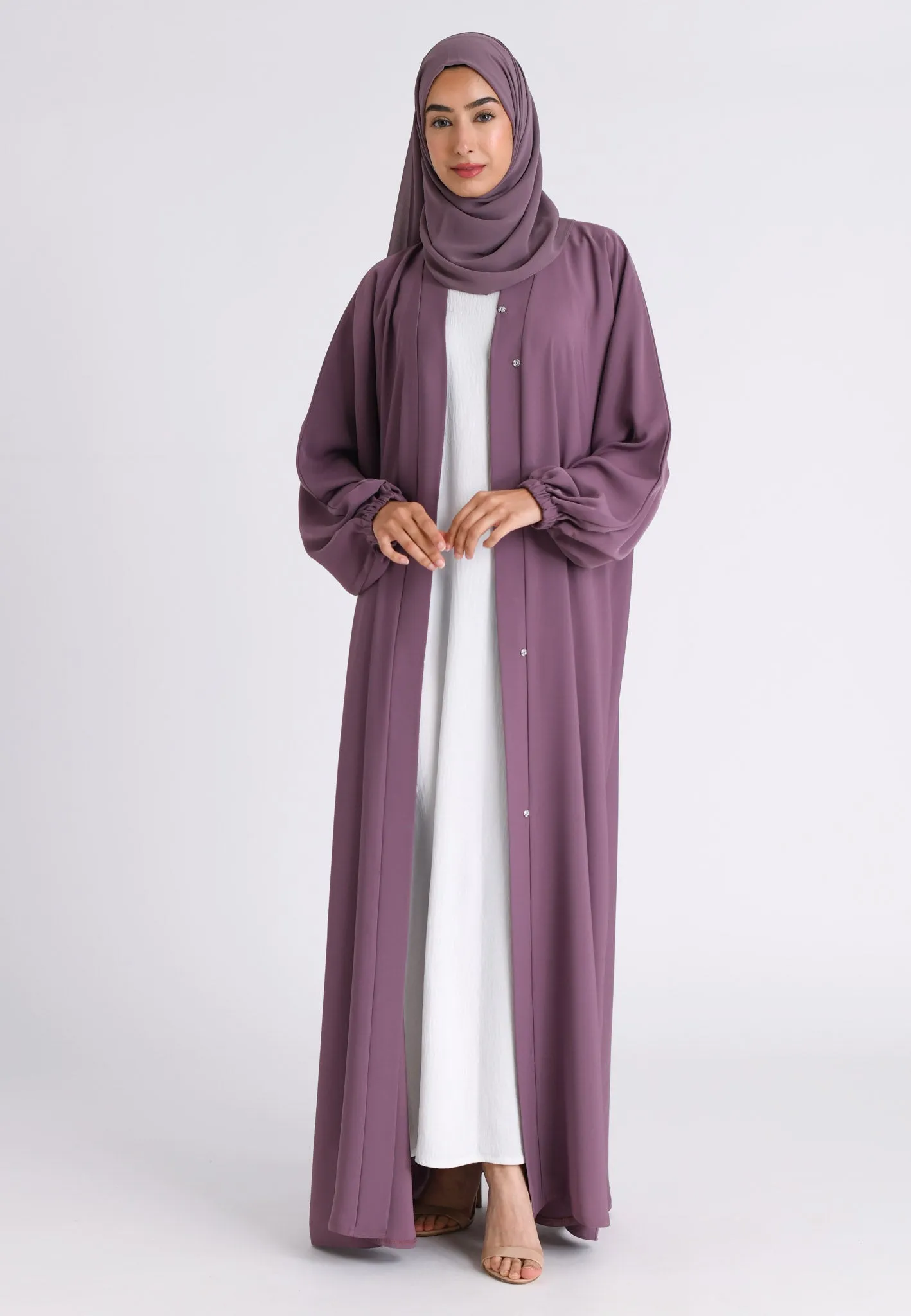 Mulberry Plain Open Abaya With Elasticated Cuff Sleeves (Premium)