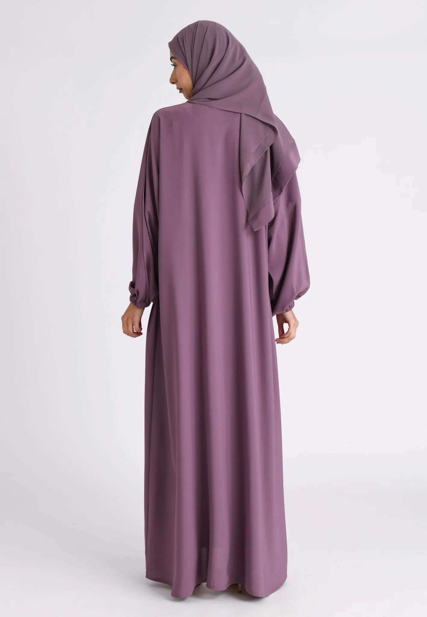 Mulberry Plain Open Abaya With Elasticated Cuff Sleeves (Premium)