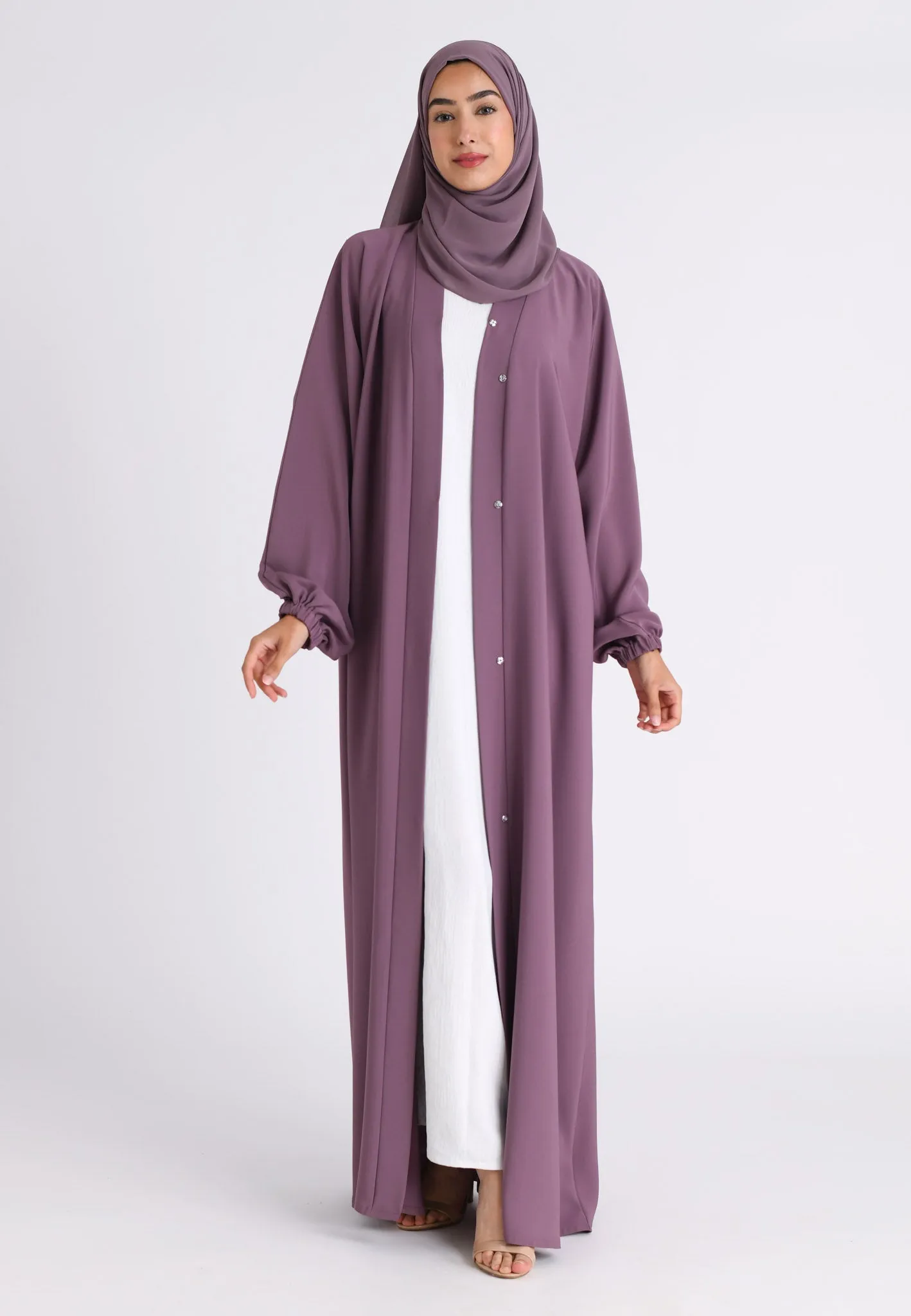 Mulberry Plain Open Abaya With Elasticated Cuff Sleeves (Premium)