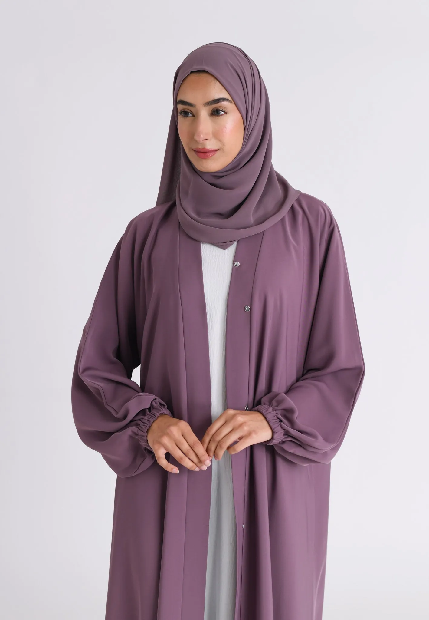 Mulberry Plain Open Abaya With Elasticated Cuff Sleeves (Premium)