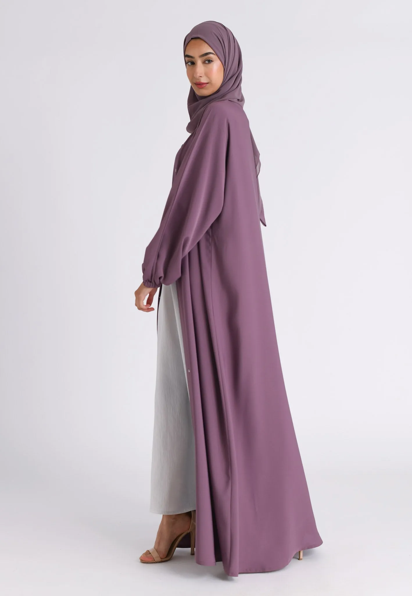 Mulberry Plain Open Abaya With Elasticated Cuff Sleeves (Premium)