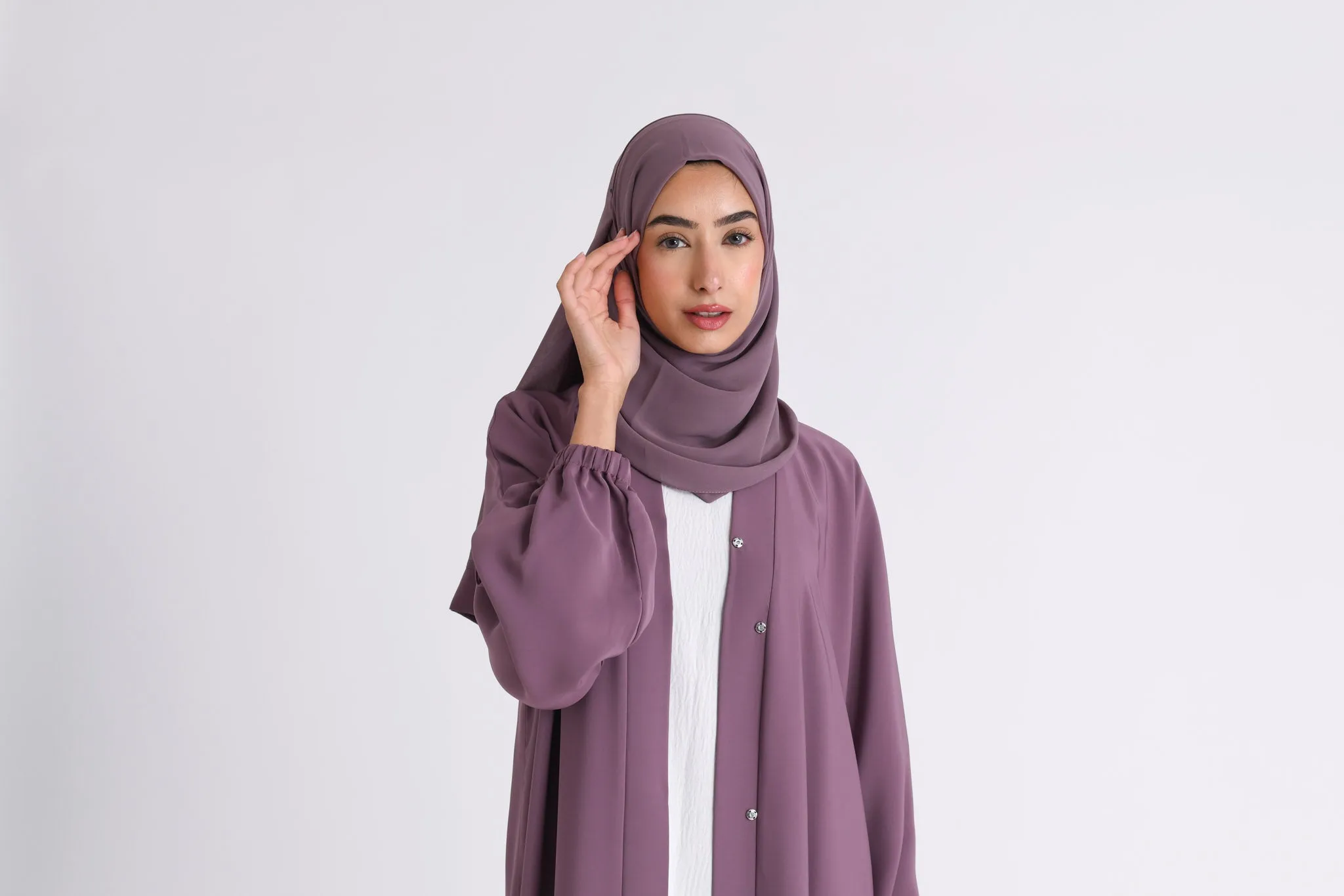 Mulberry Plain Open Abaya With Elasticated Cuff Sleeves (Premium)