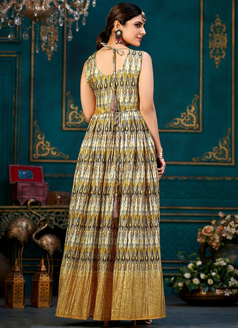 Mustard Yellow Printed Traditional Anarkali Gown