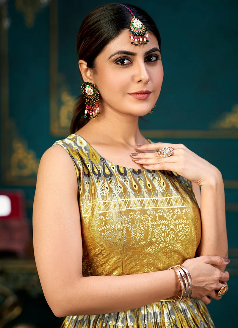 Mustard Yellow Printed Traditional Anarkali Gown