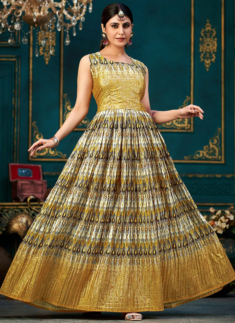 Mustard Yellow Printed Traditional Anarkali Gown