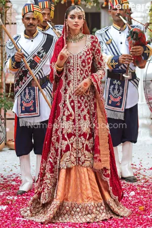 Net Red Kameez Lehenga Dress in Brocade Fabric #BS676