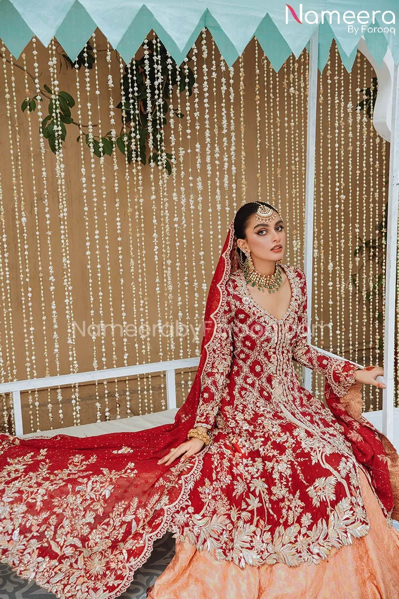 Net Red Kameez Lehenga Dress in Brocade Fabric #BS676