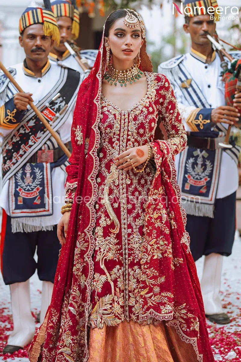 Net Red Kameez Lehenga Dress in Brocade Fabric #BS676