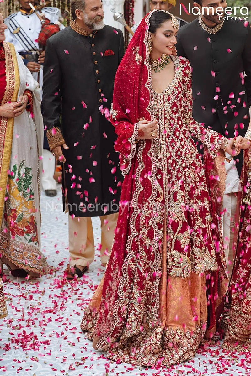 Net Red Kameez Lehenga Dress in Brocade Fabric #BS676
