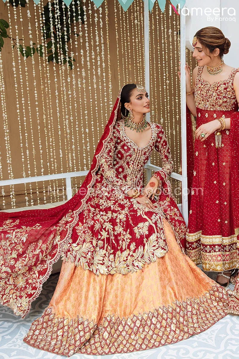 Net Red Kameez Lehenga Dress in Brocade Fabric #BS676