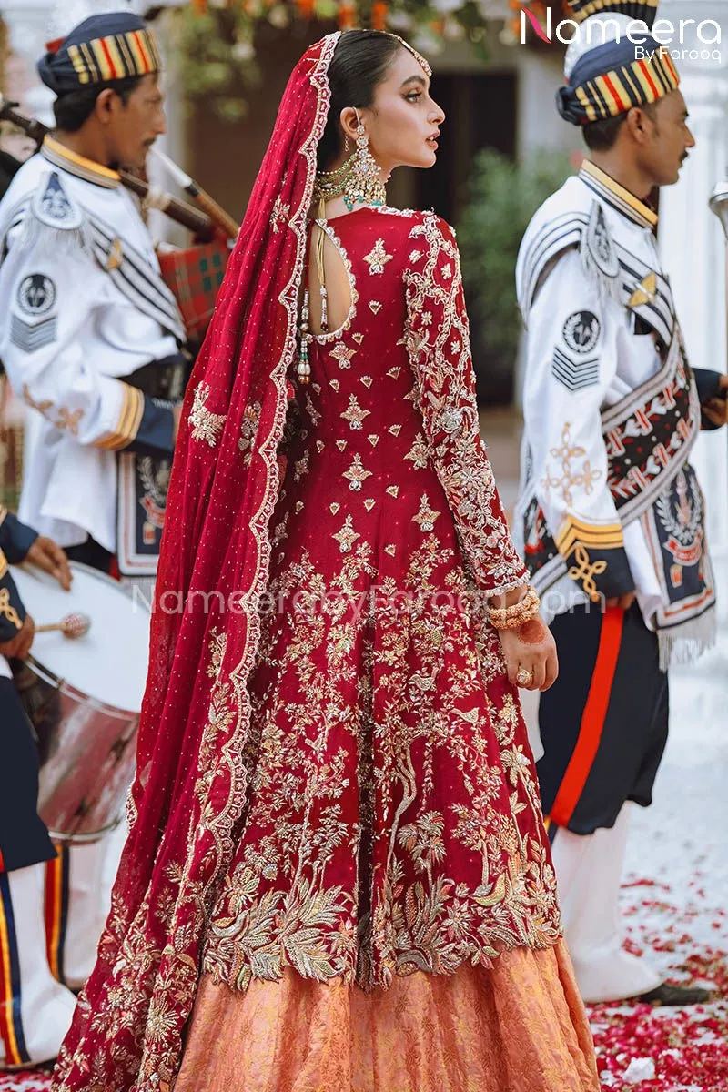 Net Red Kameez Lehenga Dress in Brocade Fabric #BS676