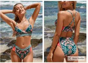 New Cupshe Vintage Paisley Triangle Top & Overlap Cheeky Bikini Set sz L
