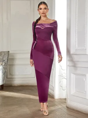 Off Shoulder Long Sleeve Plain Maxi Bodycon Dress HB03410