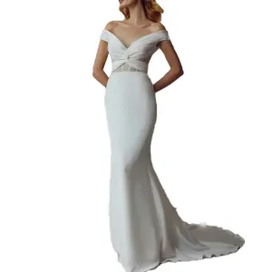 Off shoulder vintage white plain satin open-back small trailing wedding dress