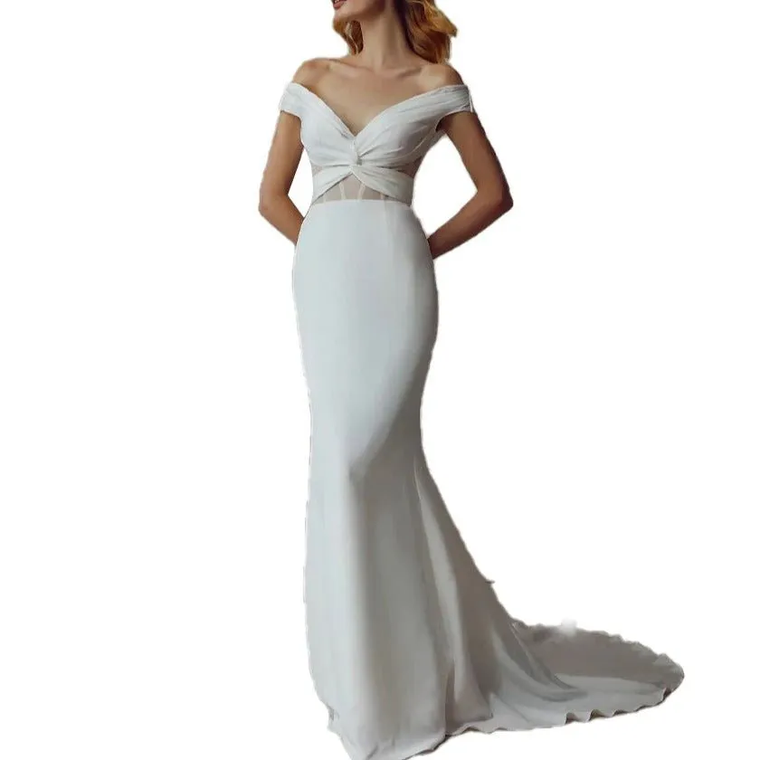 Off shoulder vintage white plain satin open-back small trailing wedding dress