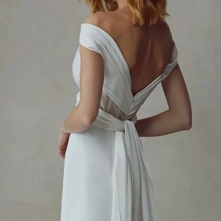 Off shoulder vintage white plain satin open-back small trailing wedding dress