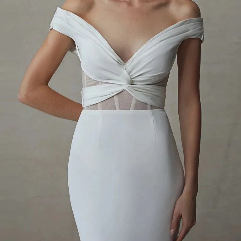 Off shoulder vintage white plain satin open-back small trailing wedding dress