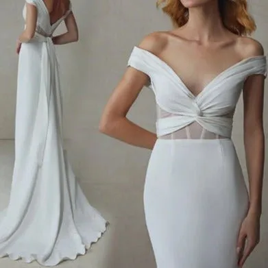 Off shoulder vintage white plain satin open-back small trailing wedding dress