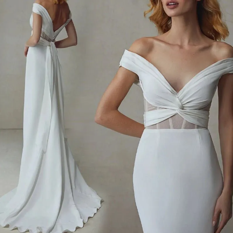 Off shoulder vintage white plain satin open-back small trailing wedding dress