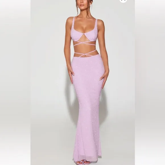 Oh Polly Sardinia NWT Beaded Embellished Strappy Maxi Skirt in Lilac