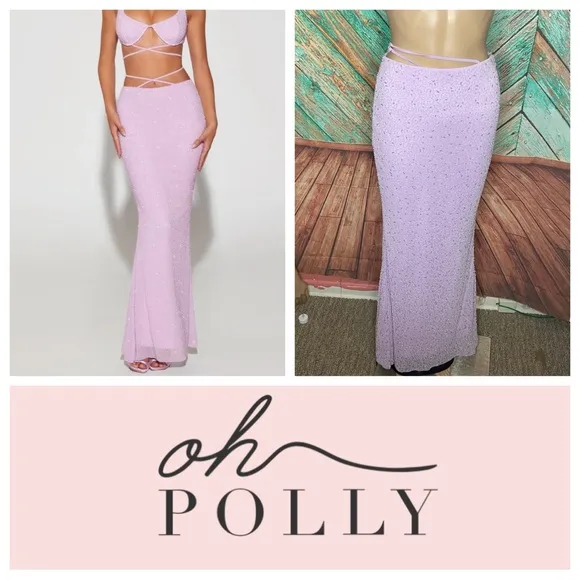 Oh Polly Sardinia NWT Beaded Embellished Strappy Maxi Skirt in Lilac
