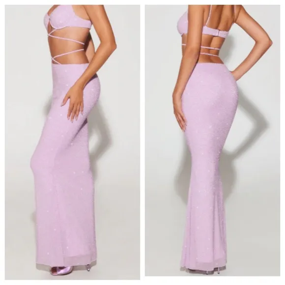 Oh Polly Sardinia NWT Beaded Embellished Strappy Maxi Skirt in Lilac
