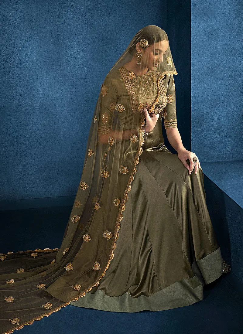 Olive Green Golden Embroidered Anarkali Suit