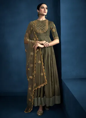 Olive Green Golden Embroidered Anarkali Suit